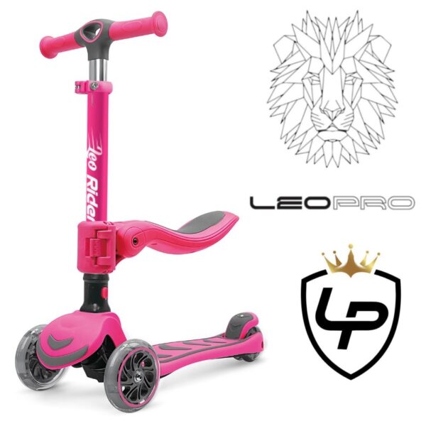 leo rider קורקינט ורוד ליאו ריידר 2 ב-1 3 גלגלים עם אורות פרימיום | להיט צעצועים